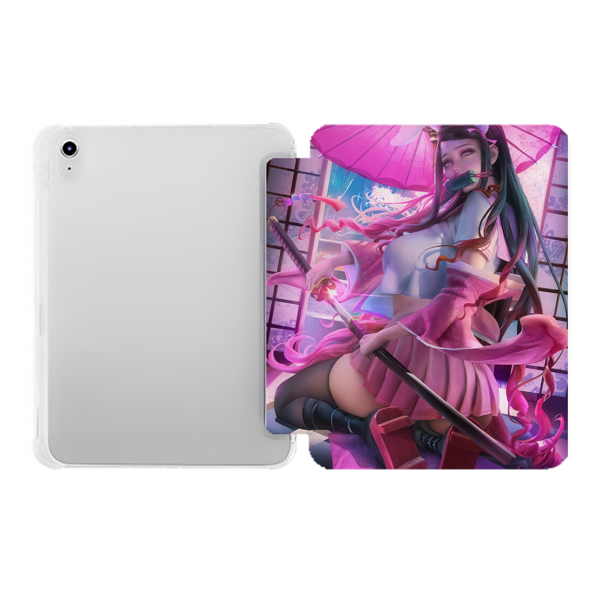 （画像用） 鬼滅の刃（きめつのやいば）竈門 禰󠄀豆子／かまど ねずこ Kamado Nezuko IPad ケース ペン収納付き 三つ折りスタンド PUレザー×シリコン 対応機種9.5/10.5/10.9インチ